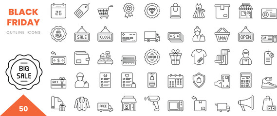 black friday outline icon collection. Vector illustration