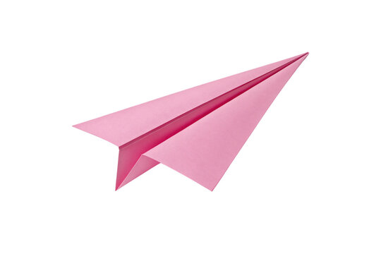 A sharply folded, pastel pink paper airplane with crisp edges, floating in mid-air, symbolizing childhood dreams, simplicity, and lighthearted playfulness, isolated on a transparent background