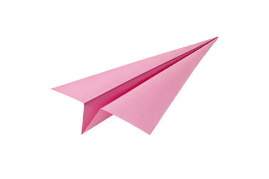 A sharply folded, pastel pink paper airplane with crisp edges, floating in mid-air, symbolizing childhood dreams, simplicity, and lighthearted playfulness, isolated on a transparent background