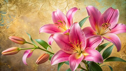 Fototapeta premium Delicate pink lily macro, pastel backdrop, gold leaf accents, elegant floral detail.