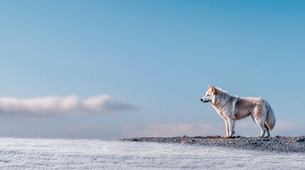 Naklejka premium White and Brown Dog on Snowy Hilltop Under Blue Sky
