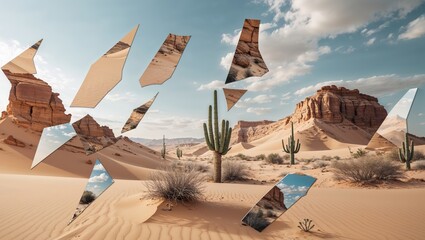 Naklejka premium Arid desert with cactus, rock formations, and sky fragments in surreal composition