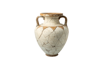 An ancient ceramic vase, beautifully cracked and restored, its worn surface telling a story of time, resilience, and the beauty of imperfections in history, isolated on a transparent background
