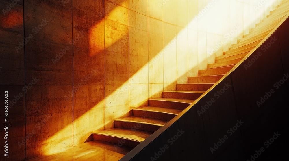 Poster sunlight streams through a large opening, illuminating a sleek concrete staircase. the warm tones cr