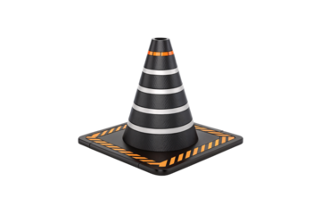 Black and silver striped traffic cone, A futuristic black cone featuring metallic silver bands, resting on a sturdy black base with orange caution markings, isolated on a transparent background