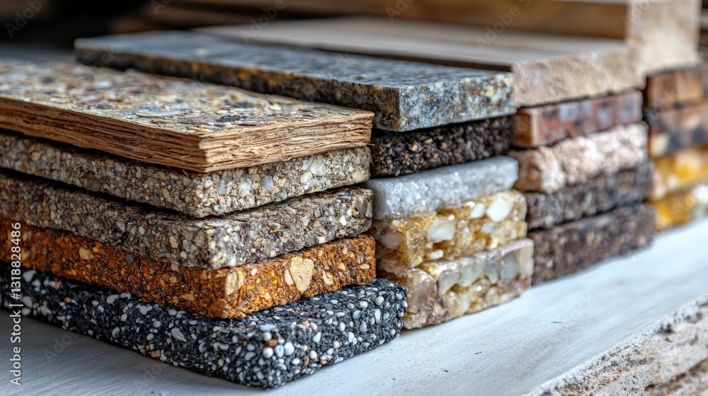 Poster various textured and colored stone and wood samples stacked on a workbench in a workshop