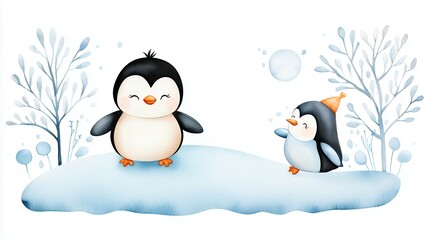 Obraz premium Two Cute Penguins Playing in a Winter Watercolor Scene