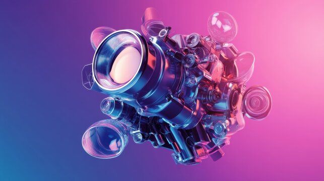 A futuristic mechanical engine surrounded by floating holographic elements, purple gradient background.