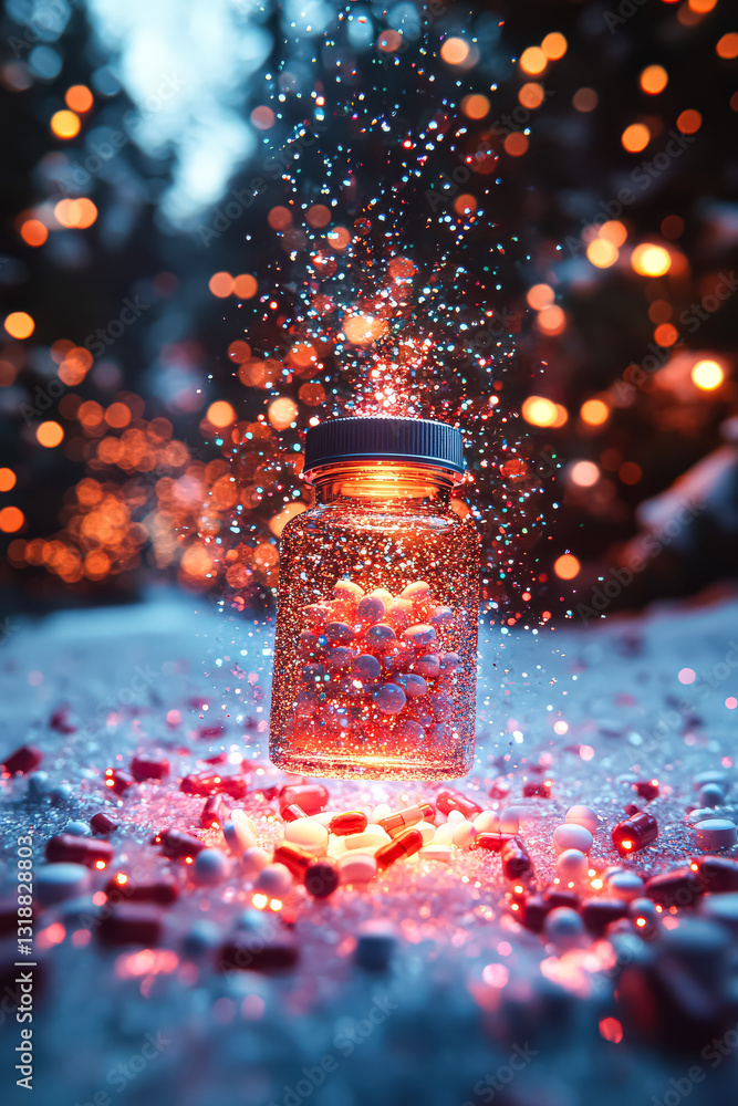 Poster jar of pills is surrounded by snow and light. the jar is filled with pills and the snow is falling a