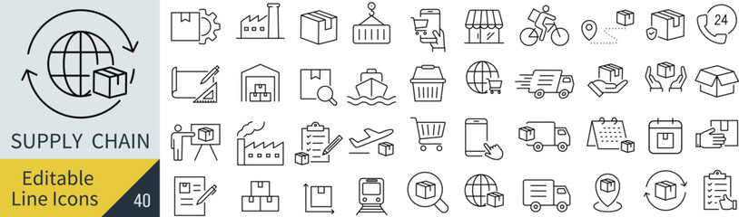 線の編集ができるサプライチェーンに関するアイコンセット（アウトライン化していない）
