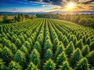 Drone captures expansive cannabis farm; high-altitude hemp fields, a bird's-eye view of cultivation.