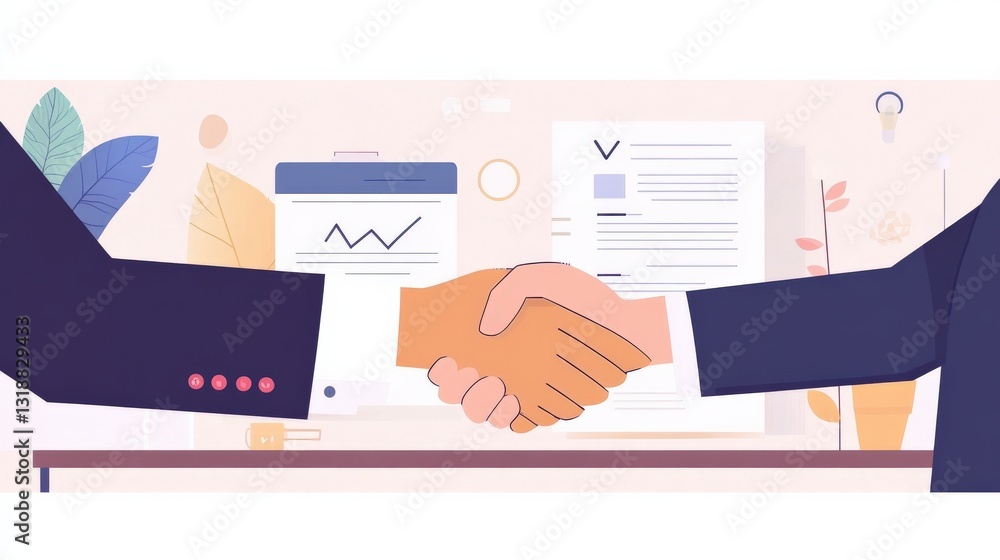 Poster two business professionals shaking hands in an office setting with documents and charts in the backg