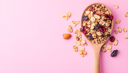 Homemade Granola on spoon on pink background, copy space. Healthy snack or breakfast concept - granola with grains, nuts, dry fruits