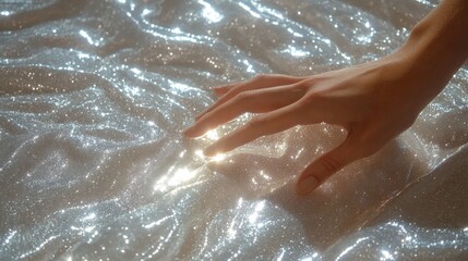 Fototapeta premium Hand Touching Sparkling Silver Textile 