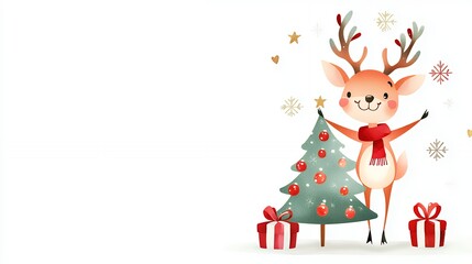Fototapeta premium Smiling Reindeer with Christmas Tree and Gifts Watercolor Illustration