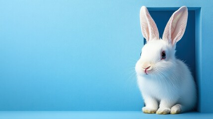 Obraz premium Cute white rabbit peeking from a blue hole