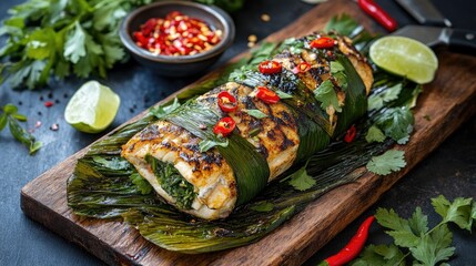 Grilled Fish Wrapped in Banana Leaves with Fresh Herbs and Spices Served on a Wooden Board