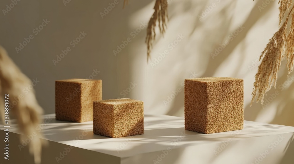 Poster three textured cubes arranged on a minimalist table, surrounded by soft shadows and natural elements