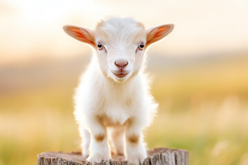 Fototapeta premium In a serene farmyard filled with soft sunlight, a playful goat stands atop a tree stump, gazing curiously at its surroundings