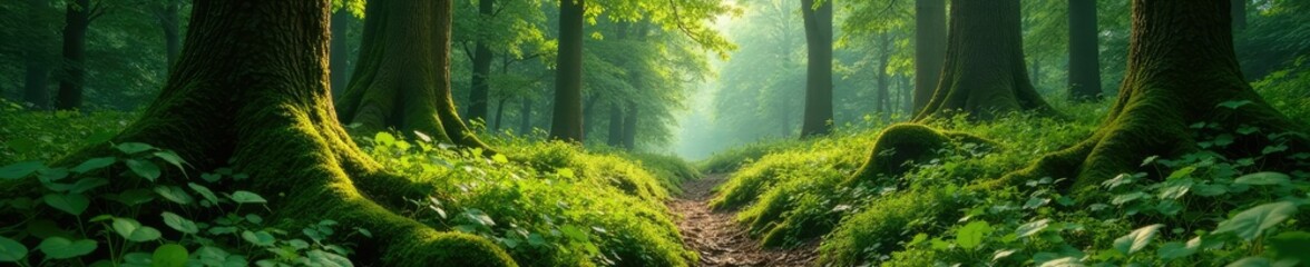 Dense undergrowth in a summer European forest, vines, moss, forest floor