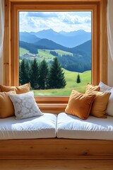 Cozy Window Seat with Mountain View and Pillows for Relaxation