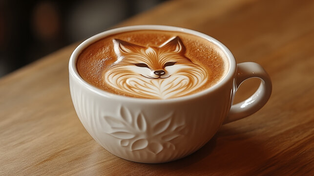 Close-up of a white ceramic cappuccino cup decorated with a fox face on a creamy surface