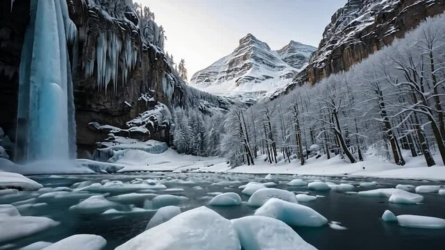 Spectacular frozen cascade amidst snow-covered peaks and icy river vista