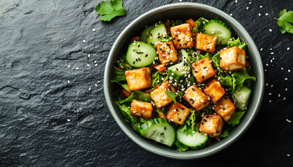Fried Tofu Salad with Cucumbers and Sesame Seeds. Homemade asian vegetable and tofu salad in ceramic bowl on black stone background. Healthy asian diet vegan vegetarian salad food
