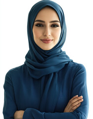 Naklejka premium A confident woman wearing a blue hijab stands with her arms crossed, smiling warmly against a clean, white background, suggesting empowerment and cultural pride