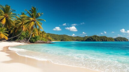 Fototapeta premium Tropical paradise with pristine white sand beach, turquoise waters and lush palm trees for travel, vacation blogs, print media