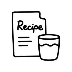 Recipe card and glass of beverage in a line drawing, cooking and drinks concept