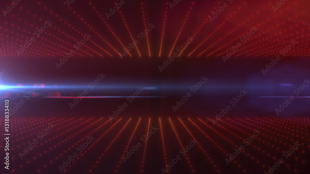 Poster abstract futuristic grid with red glowing points and golden light source, depicting digital technolo