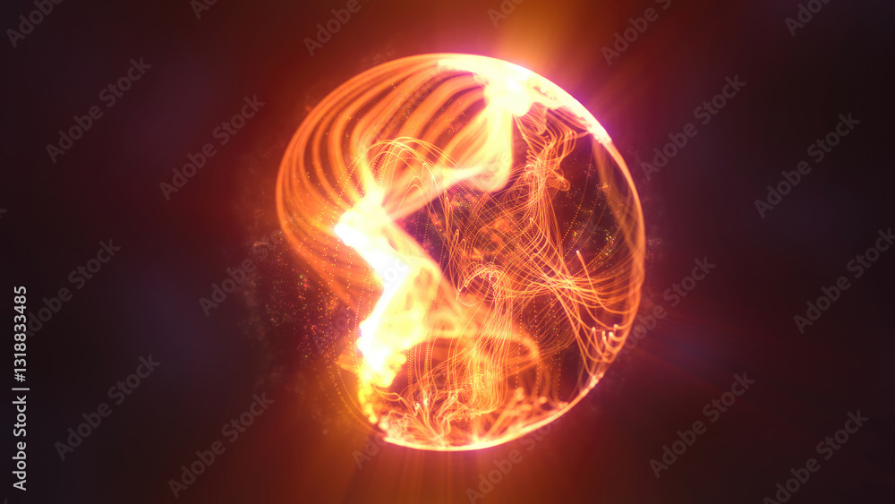 Poster fiery orange-red glowing sphere surrounded by dynamic particles and heat pattern futuristic backgrou