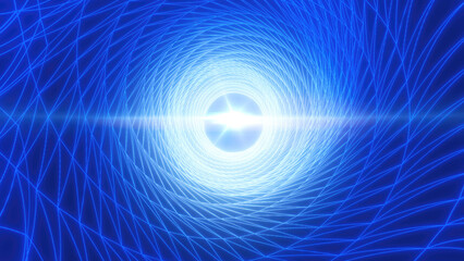 Cool blue wireframe tunnel with a central white light, evoking a futuristic, sci-fi concept related to data networks, artificial intelligence, and connectivity background