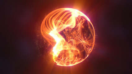Fiery orange-red glowing sphere surrounded by dynamic particles and heat pattern futuristic background