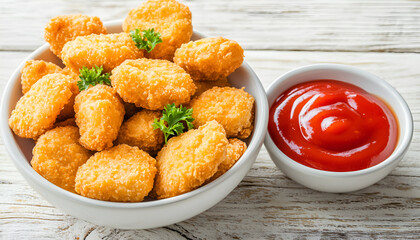 Naklejka premium Chicken nuggets and sauce on white wooden background, copy space. Fried nuggets with ketchup and mayonnaise