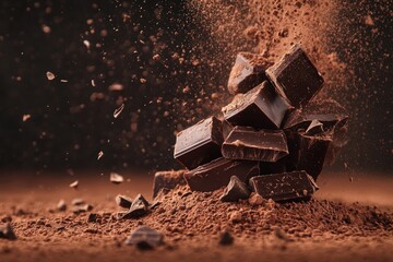 Fototapeta premium A burst of dark chocolate in the air, creating a dramatic cloud of cocoa powder and chunky pieces of luxurious chocolate scattering around