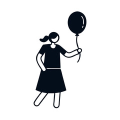 Girl holding a balloon in a playful pose in a line drawing, joyful concept