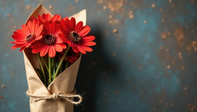 Bundle of dried red wildflowers tied with twine in a paper package, dried flowers, embellishment, natural
