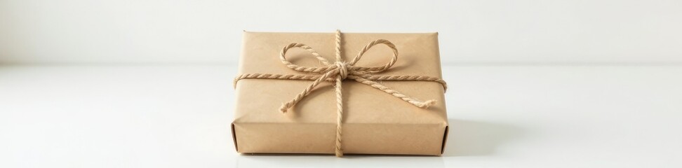 Brown paper box wrapped with rustic twine in front of white surface, brown paper, gift box