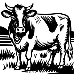 Fototapeta premium A cow against a rural farm landscape, black and white engraving style, vector illustration