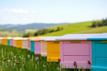 Rows of colorful wooden beehives stand in a lush green field, surrounded by rolling hills under a bright blue sky, inviting bees and nature lovers alike for a peaceful experience