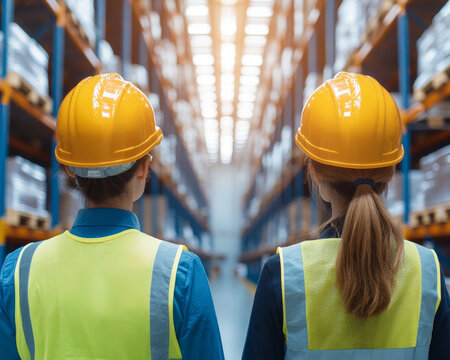 Logistics workers safety gear. Two logistics staff in safety gear organize inventory in warehouse