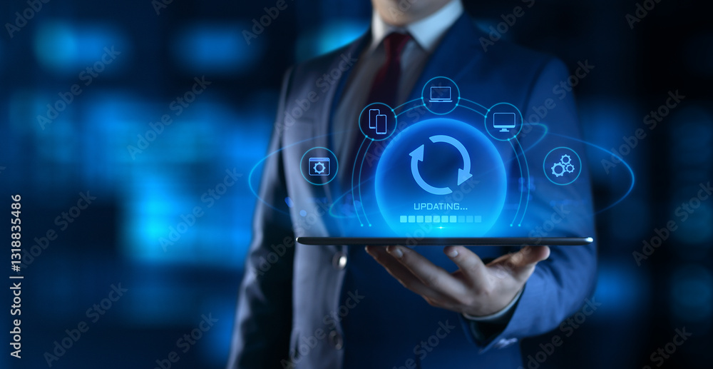 Poster businessman holding device with update icons on screen. software updating or upgrade concept