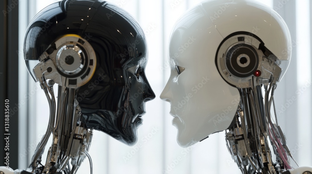 Poster two humanoid robots with contrasting colors facing each other in a modern, tech-filled environment