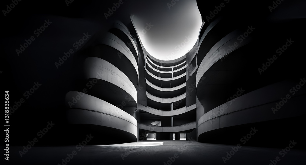 Poster abstract architectural monochrome shot of a curved, multi-level structure with dramatic lighting cre