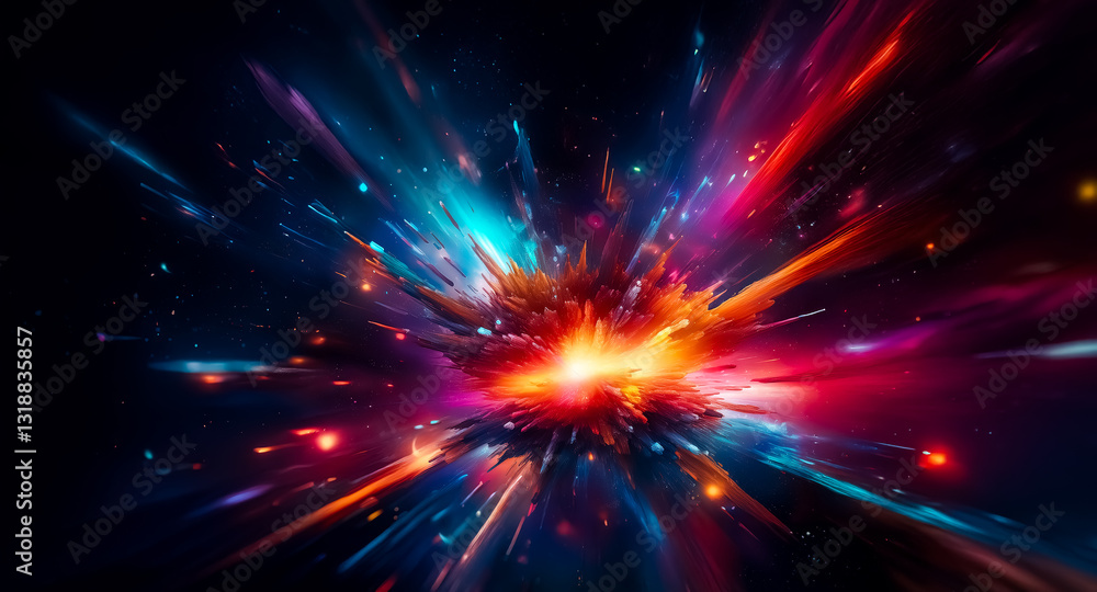 Poster Vivid explosion of light with vibrant colors bursts from the center against a dark background, creating a dynamic and energetic abstract design.