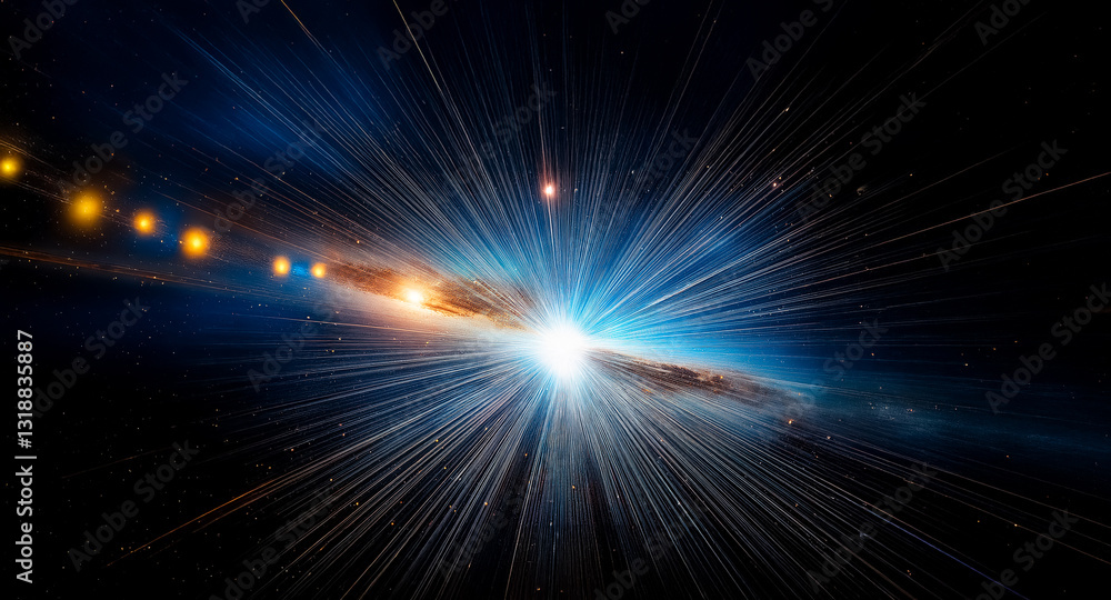 Poster Explosion of bright light in dark space, with rays emanating from a central cosmic source. Celestial bodies are visible in the distance.