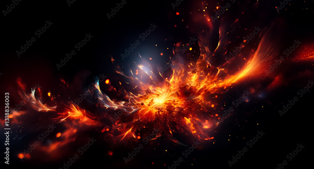 Poster dynamic fiery explosion with orange yellow bursts in dark void. swirling smoke sparks create abstrac