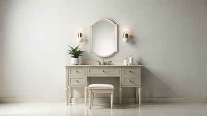 Flat Lay Vanity Set: Makeup Products & Accessories on Solid Background with Copy Space